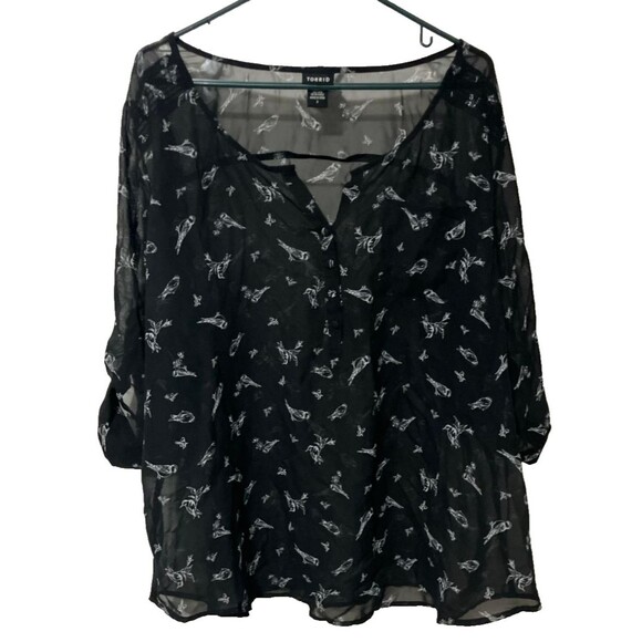 Torrid Tops - Torrid Women’s Plus 3X Sheer Chiffon Blouse Black White Bird Roll Tab Sleeve